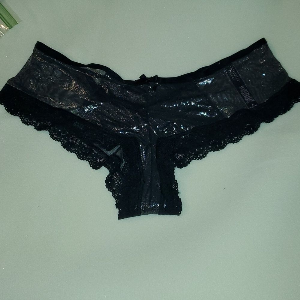 Victorias Secret Metallic Shimmer‎ Cheeky Black X Back Panty Panties Undies M